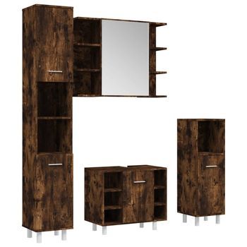 Set De Muebles De Baño | Armario De Baño 4 Piezas Madera Contrachapada Roble Humo