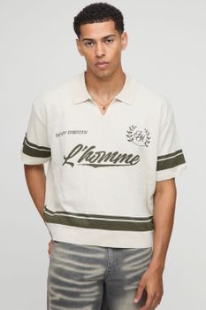 Polo Oversize Homme De Punto Jacquard Recto Con Estampado De Motociclismo, Cream