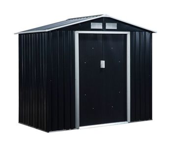Outsunny cobertizo de jardín 2,42m² con base de refuerzo sin suelo 213x130x185 cm caseta de jardín exterior con 2 puertas correderas y 4 ventanas para almacenamiento de herramientas gris oscuro