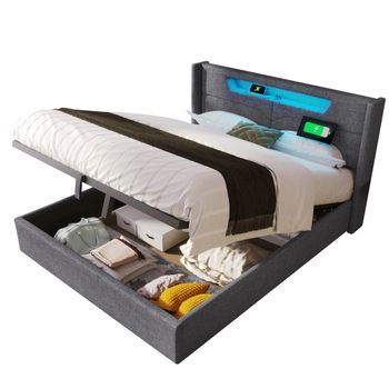 Cama Tapizada Con Led-140x200 Cm-usb/tipo-c-gris