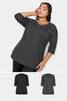 Yours Juego 2 Tops Con Cordón En Escote: Negro Y Gris, Mujer Curvy Y Tallas Grandes, Yours