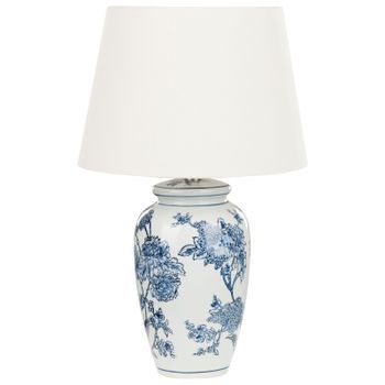 Lámpara De Mesita De Noche Clásica Con Pantalla De Tela De Lino Base De Porcelana En Forma De Tambor Blanco Y Azul Beluso