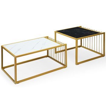 Juego De 2 Mesas Auxiliares, Mesa De Centro, Mesa Auxiliar Moderna De Mármol, Amarillo + Negro + Blanco