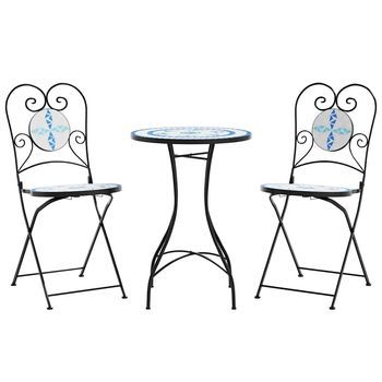 Juego De Bistró | Conjunto De Mesa Y Sillas De Mosaico De Hierro Y Cerámica Azul Y Blanco