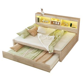 Cama Nido 140x200 Cm + 90x190 Cm Con Compartimentos Y Tomas Usb - Led - Aglomerado + Mdf - Natural (sin Colchón)