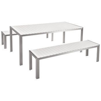 Conjunto De Comedor 6 Plazas De Metal Blanco Plateado Cepillado 2 Bancos Nardo