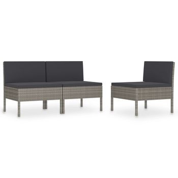 Pack 3 Uds Sillas De Jardín | Silla De Exterior | Sillón Con Cojines Ratán Sintético Gris