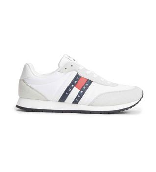 Tommy Jeans para hombre. EM0EM01709 Zapatillas con logo y mezcla de texturas blanco (45), Plano, Cordones, Casual, Sostenible, Poliéster rec