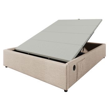 Cómoda Tapizada 140×200cm Tejido De Lino Con Enchufes De Carga Y Cojín De Láminas Beige