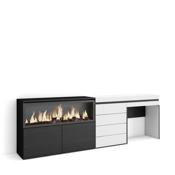 Tocador, Dormitorio Habitación, 234x75x35 Cm, Con Cajón, Chimenea Eléctrica Xxl, Cómoda, Cajonera, Estilo Moderno, Blanco