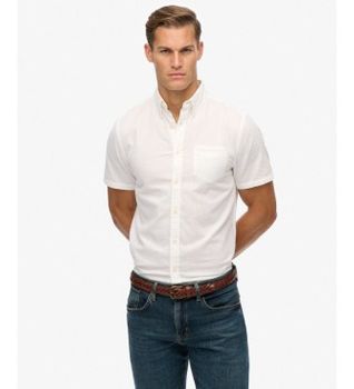 Superdry para hombre. M4011093A Camisa City Cotton Linen blanco (XXL), Casual, Algodón, Manga corta