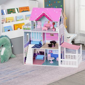 Casa De Muñecas De 3 Pisos Con Patio Rosa Homcom