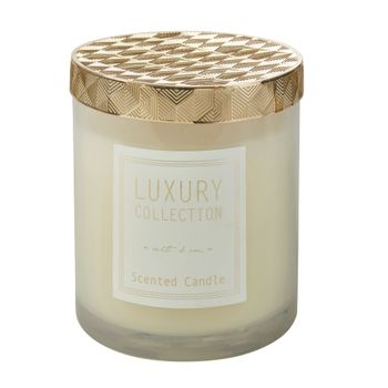 Vela perfumada en tarro de cristal azul y tapa de metal dorado