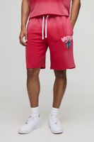 pantalones cortos oversize desgastados de largo medio con estampado grafico de cruces y lavado a la piedra rojo