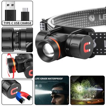 Linterna frontal LED de 850LM, potente linterna de trabajo recargable tipo C con rotación de zoom, resistente al agua, para acampar y cazar
