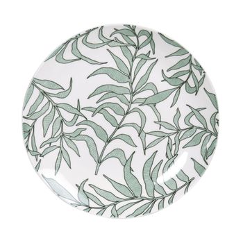 Plato de postre de porcelana blanca con motivo vegetal verde