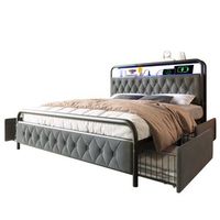 cama tapizada 140 x 200 cm con 2 cajones y cabecero contenedor - tomas usb tipo c y led - terciopelo - gris sin colchon