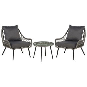Conjunto De Jardín Boho Balcón Exterior Patas De Metal Mesa De Centro Y 2 Sillas Ratán Gris Laureto