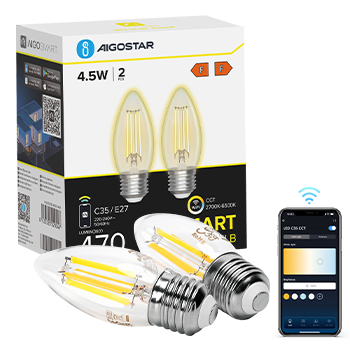 Aigostar Edison Bombillas Alexa LED E27 Bombillas Inteligentes 4.5W 470LM WIFI Bombilla Vintage C35 Bombillas Filamento Regulable 2700K-6500K， compatible con Alexa/Google Home. transparente 2 pack