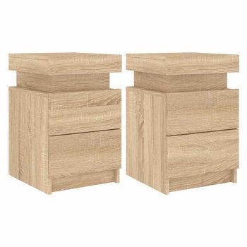 Juego De 2 Mesitas De Noche - Mesillas Con Luces Led Roble Sonoma 35x39x55 Cm Mc6202