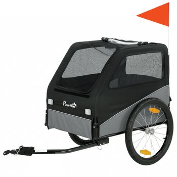 PawHut Remolque para bicicleta para perro con ruedas de 50,8 cm, acople universal, reflectores, bandera, correa, 139x72x88cm, gris y negro