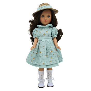 Muñeca Pepa's original Folk Artesanía colección 41 cm. vestido estampado, sombrero de paja, medias y botas de pie