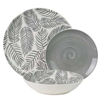 Vajilla 18 pzs porcelana gris hojas, plato llano: diam.27cm