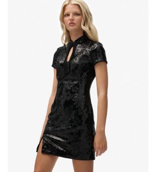 Superdry para mujer. W8012036A Vestido Mandarin Sequin Mini negro (L), Casual, Fiesta, Poliéster, Manga corta