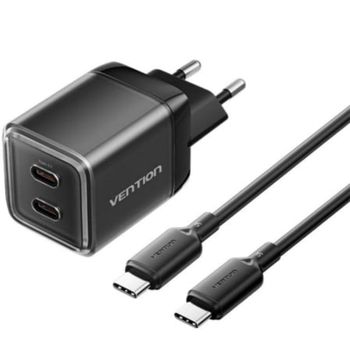 Cargador de Pared GaN Vention 2xUSB-C 45W + Cable USB-C 1m Negro