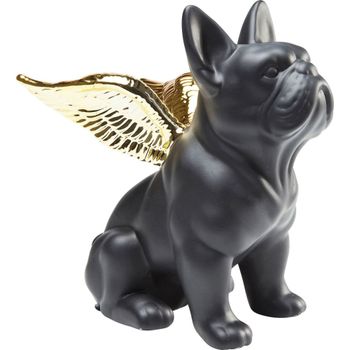 Estatuilla de bulldog negro con alas doradas