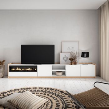Mueble tv efecto madera blanco roble 310x37x50cm chimenea efecto fuego