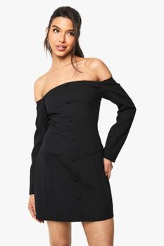 Vestido Mini Entallado Con Escote Bardot Y Botones, Negro