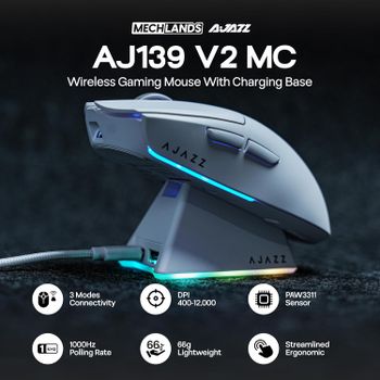AJAZZ AJ139 V2 MC Ratón para Juegos con Base de Carga Magnética Inalámbrica PAW3311 RGB, 24000 DPI, Ratones Bluetooth/Con Cable para PC Gamer