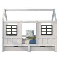 cama tipo casita con ventanas  somier de lamas  2 cajones 90x200cm madera de pino blanco