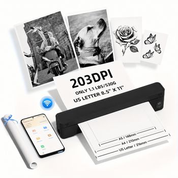 Impresora térmica portátil A10a, impresora térmica sin tinta compatible con tamaño carta estadounidense y A4, para negocios/oficina/hogar, compatible con teléfono, tableta y computadora portátil,