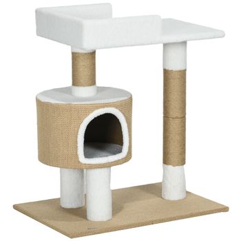 PawHut Árbol Rascador Árbol para Gatos con Casita, 1 Casita, 1 Área de descanso, 70 cm x 49 cm x 79 cm, Natural + Blanco