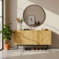 zapatero de madera clara con puertas geometricas doradas