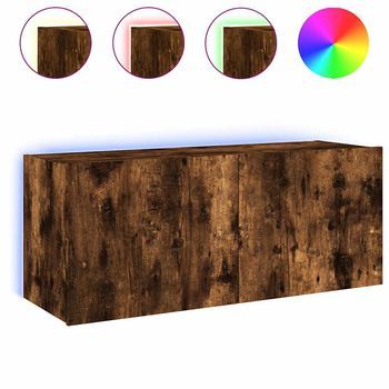 Mueble Tv De Pared | Mueble De Salón | Armario Tv Con Luces Led Roble Ahumado 100x35x41 Cm