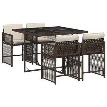 Set Comedor De Jardín 5 Uds | Conjunto Mueble Jardin Mesa Y Sillas Y Cojines Ratán Sintético Marrón