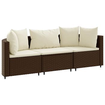 Set Sofás De Jardín 3 Piezas | Mueble De Jardín Y Cojines Ratán Sintético Marrón