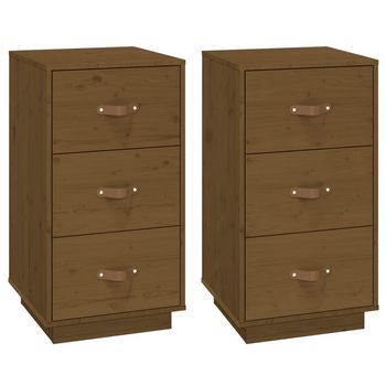 Pack 2 Uds Mesitas De Noche | Mesa Auxiliar | Mesilla Madera De Pino Marrón Miel 40x40x75 Cm