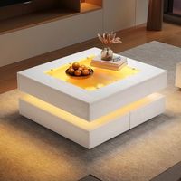 mesa de centro blanca 70 x 70 x 35 cm con iluminacion led y tres cajones