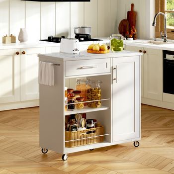 Carrito De Cocina Blanco Con Encimera Efecto Mármol, Cajón Y Ruedas Bloqueables