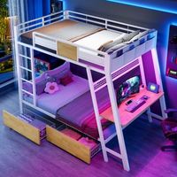 cama litera metalica 90x200 cm con escritorio gaming integrado tira led tomas usbtype-c 2 cestas de almacenamiento blanco