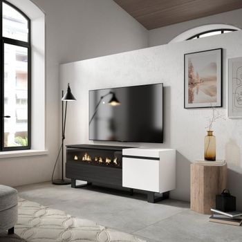 Mueble tv efecto madera blanco y negro 150x35x57 chimenea efecto fuego