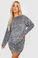 vestido plus recto con lentejuelas y mangas de murcielago gris