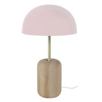 lampara de mesa cilindro columna madera natural pantalla rosa