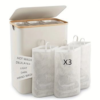 Cesto De Lavandería Multifuncional Con 3 Bolsas De Malla Y Etiquetas De Clasificación - Cesta De Almacenamiento Plegable De Tela Oxford White