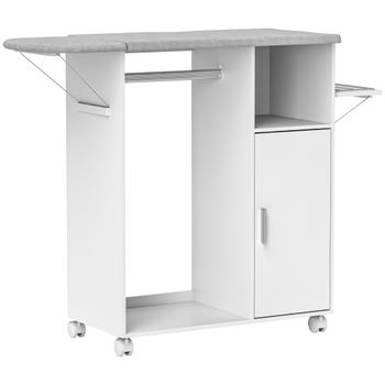 HOMCOM Armario Plancha con Ruedas Tablero Plegable Barra Colgar Ropa Estante Abierto 127x42,5x99 cm Blanco   Aosom España