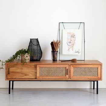 Mueble Tv De Madera De Mindi Maciza Y Rejilla 140 Cm